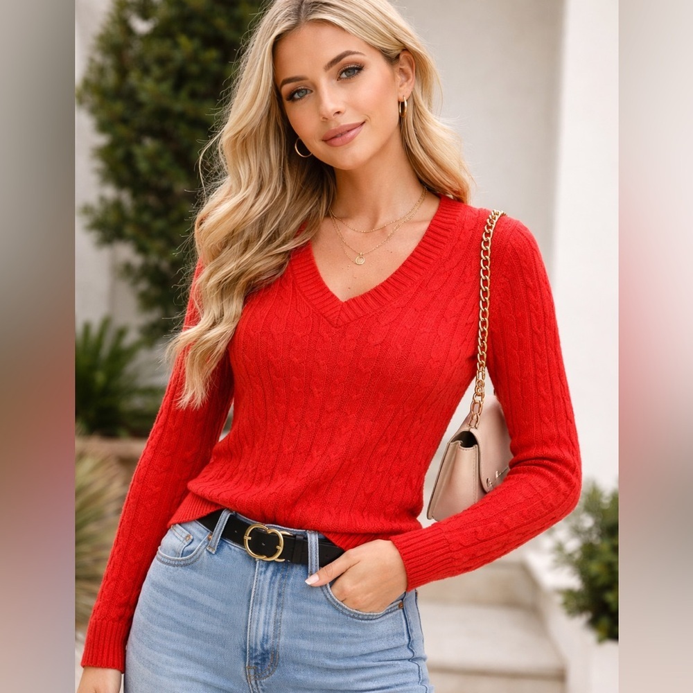 Croft & Barrow Orange Cable Knit Sweater V-Neck 100% Cotton Size Medium